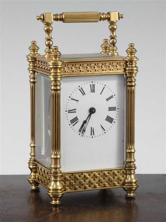 An Edwardian gilt brass carriage timepiece, 5.25in.